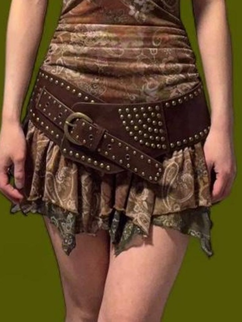 Bronze studded thick faux leather brown belt steampunk style